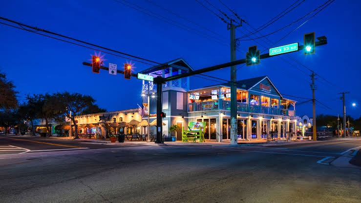Downtown Jensen Beach, Florida, illuminated at night